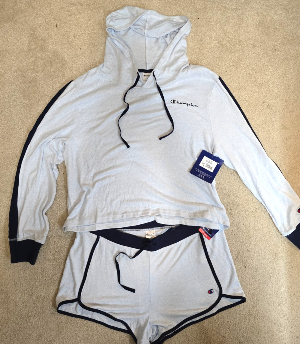 Champion Womens 2X Lt. Blue Navy Hooded Top Shorts 2 Piece Sleep Lounge Set NWT
